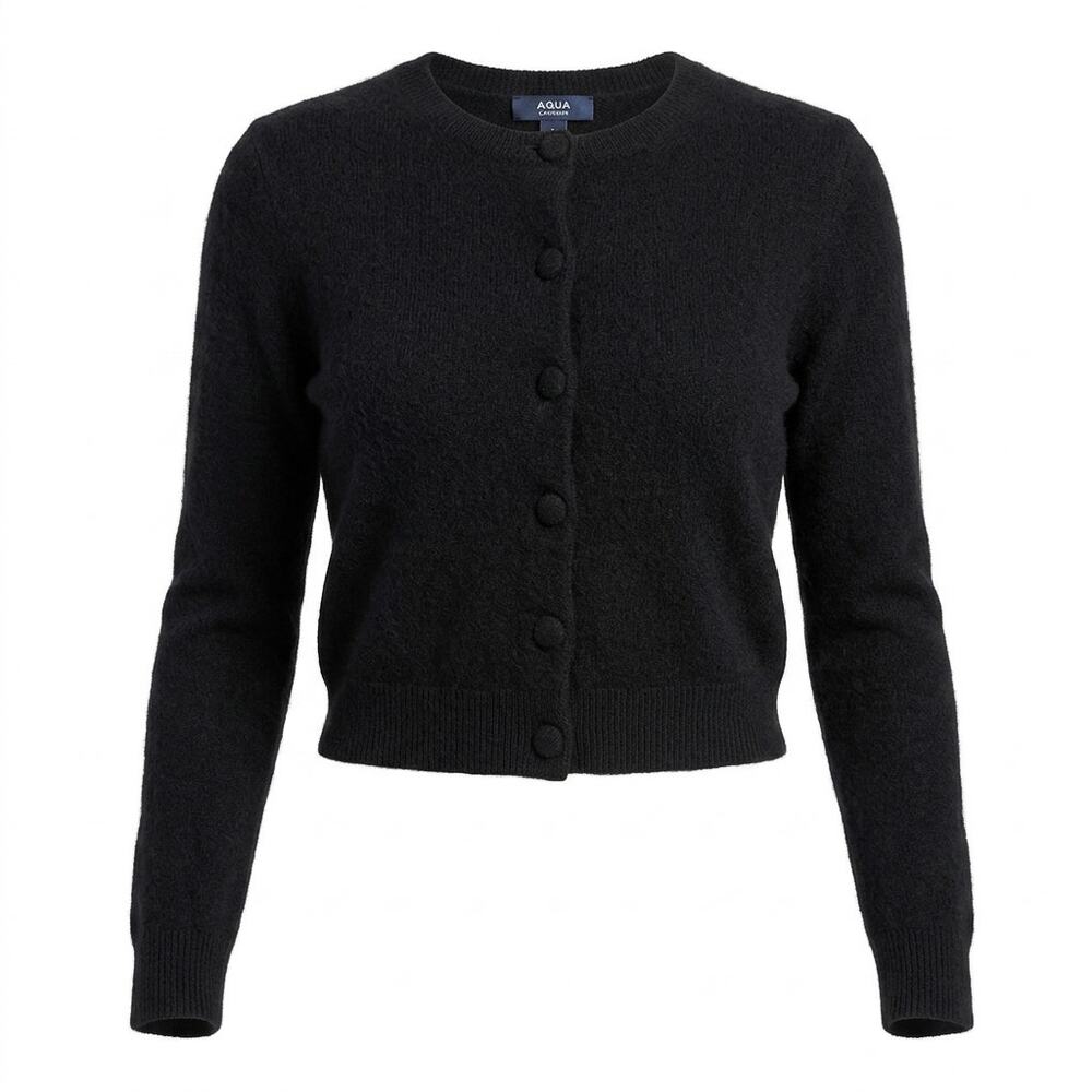 Aqua 100% Cashmere Black Crew Neck Knit Cardigan Sweater Women Size S